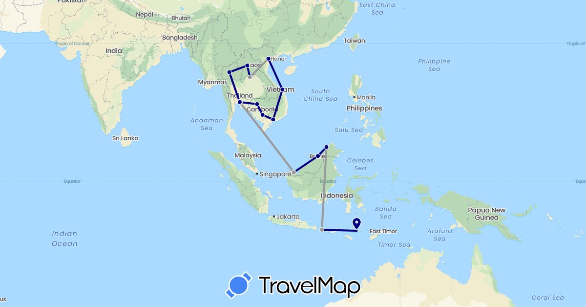 TravelMap itinerary: driving, plane in Brunei, Indonesia, Cambodia, Laos, Malaysia, Thailand, Vietnam (Asia)